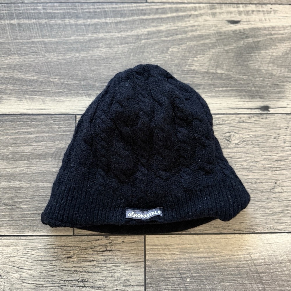 Aeropostale Black Cable Knit Beanie Hat One Size Winter Skull Cap Cashmere Blend